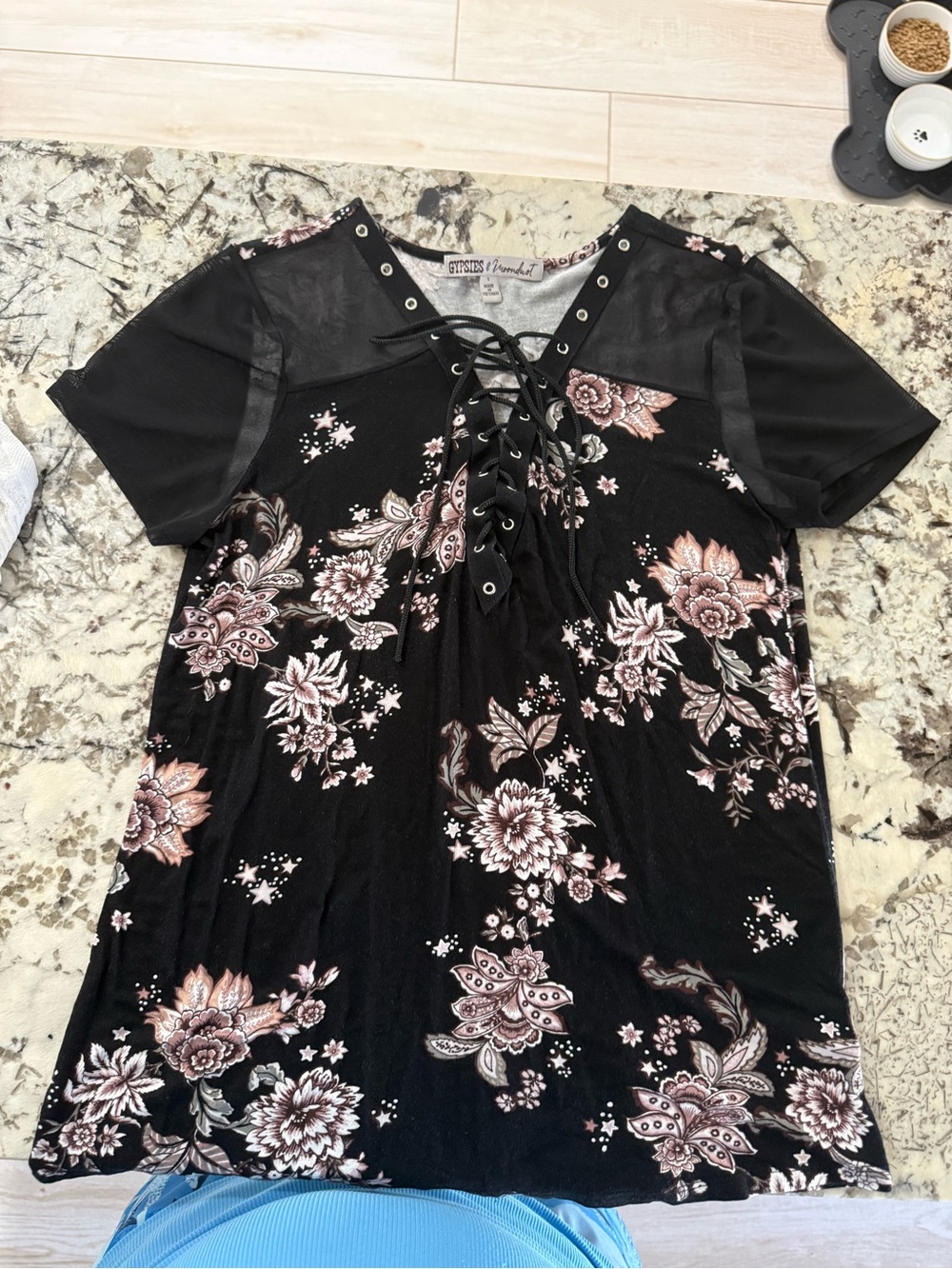Gypsies & Moondust Black Lace-Up Floral Tunic with Pink Accents